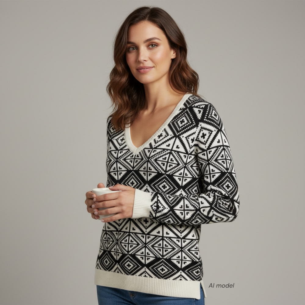 Banana Republic Sweater Women Medium Black Geo 100% Cotton Deep V Neck Pullover
